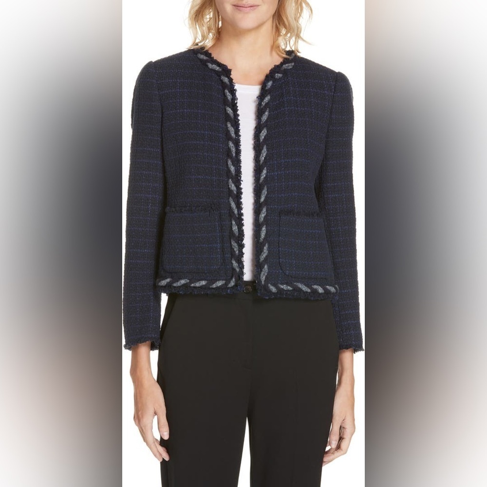Rebecca Taylor Crochet Tweed Navy Blue Cotton Blend Blazer Jacket EUC Size 2
